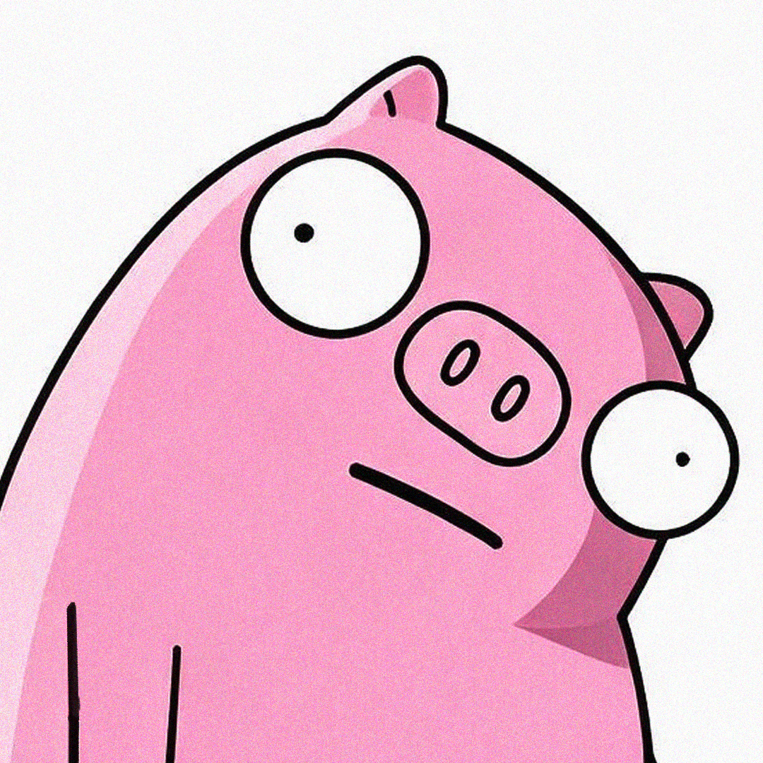 Ham, a pink pig, staring straight ahead with no expression.