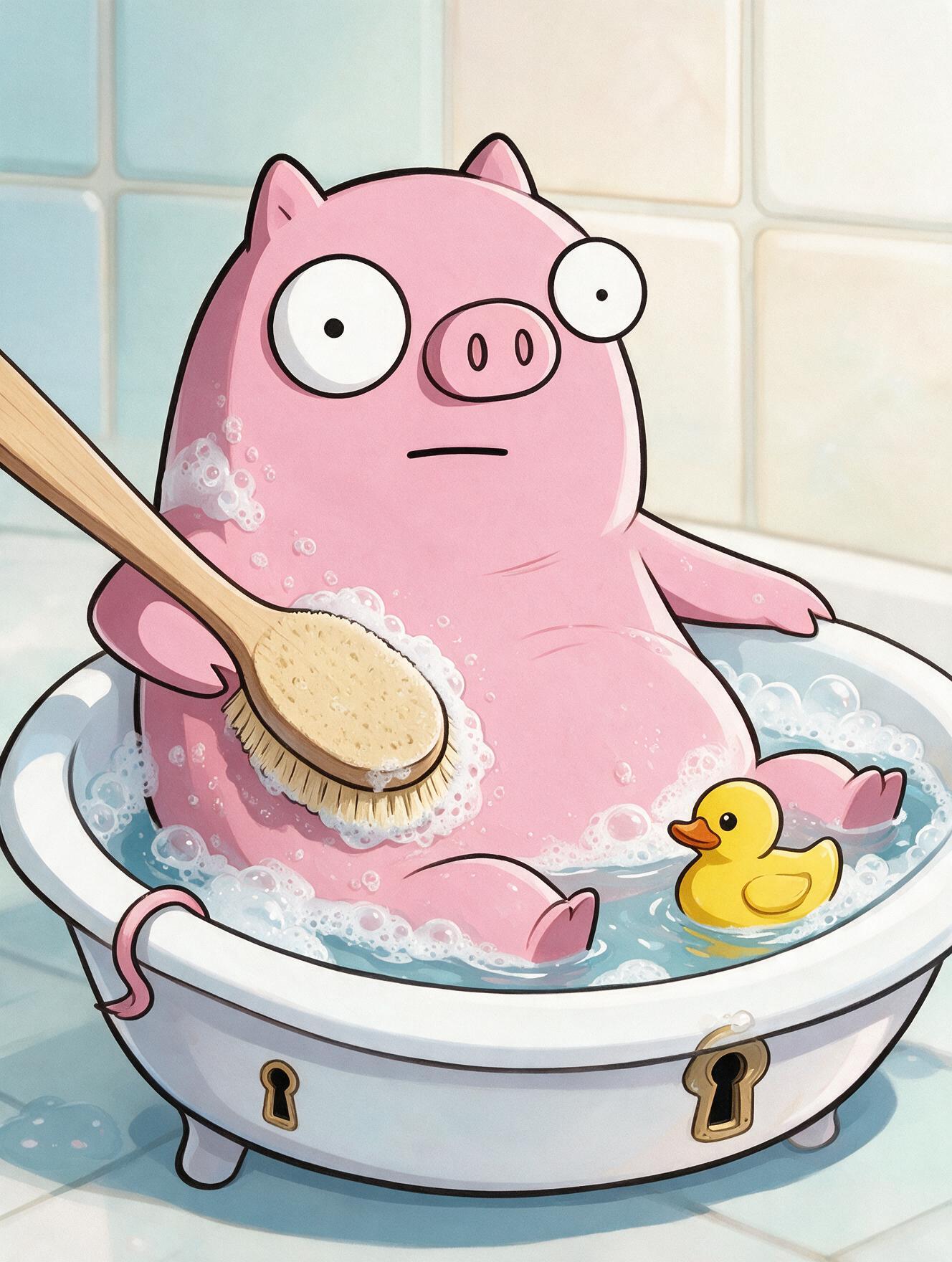 Ham in a bathtub full of foam with a rubber duck.