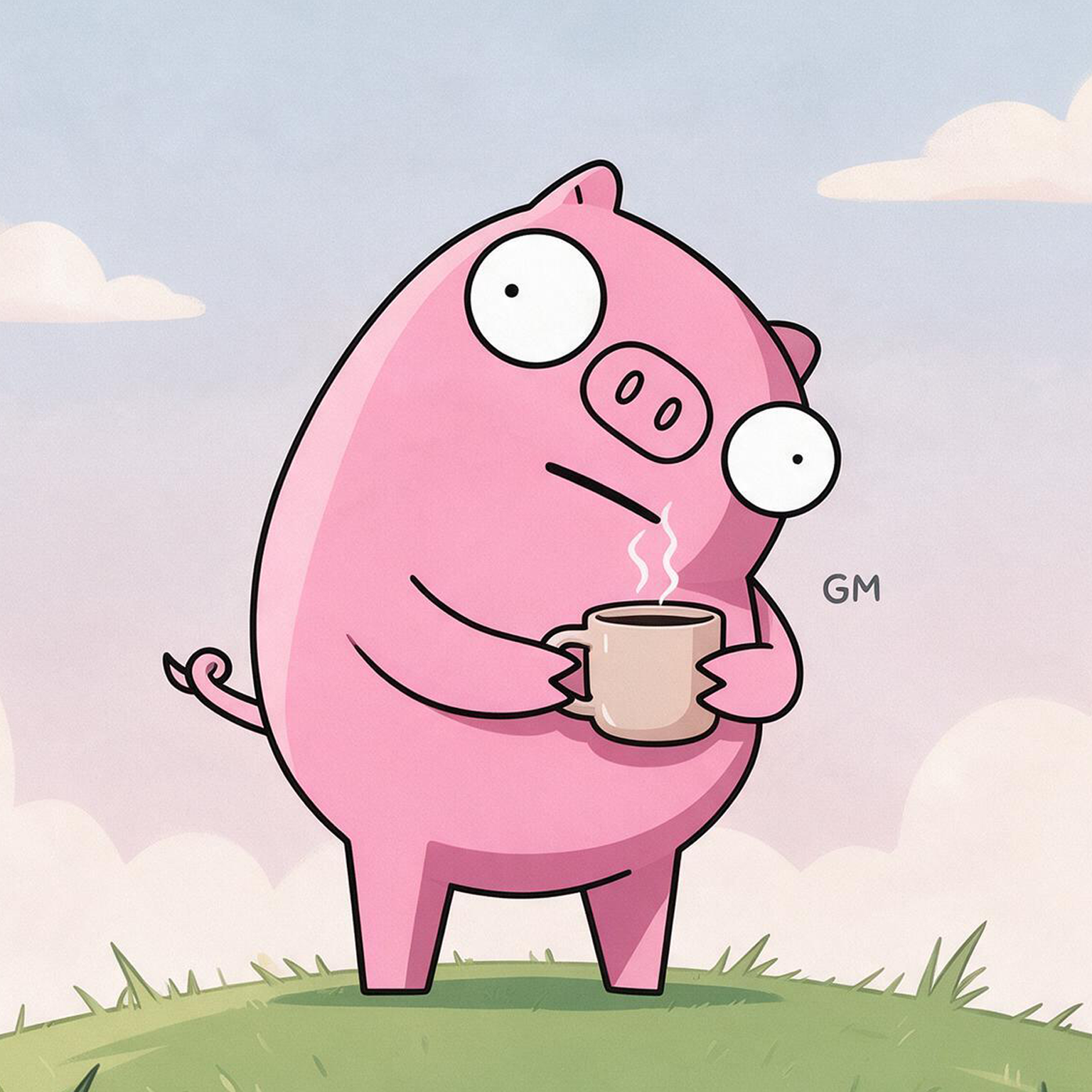 Ham holding a mug of coffee in a field at sunrise.