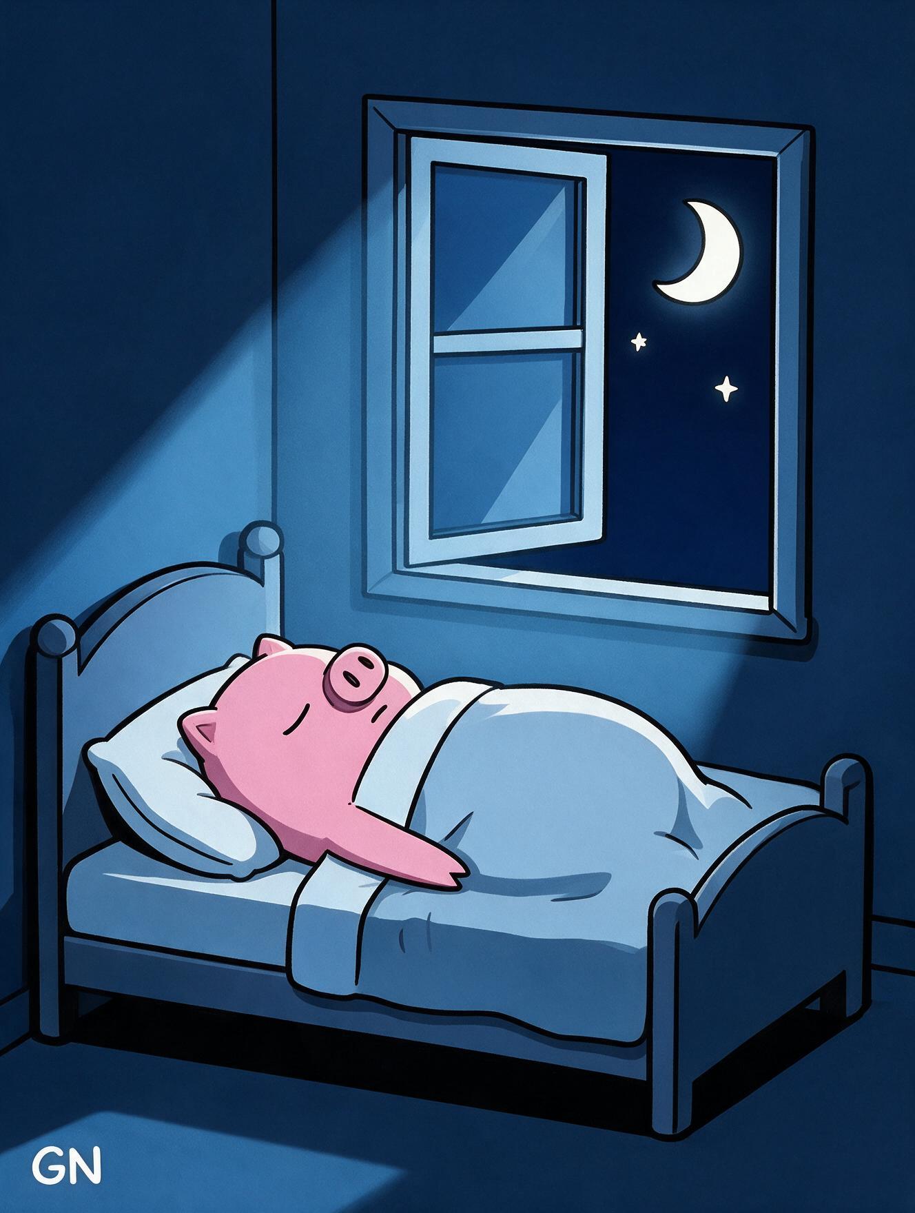 Ham asleep in bed under a window with a crescent moon.