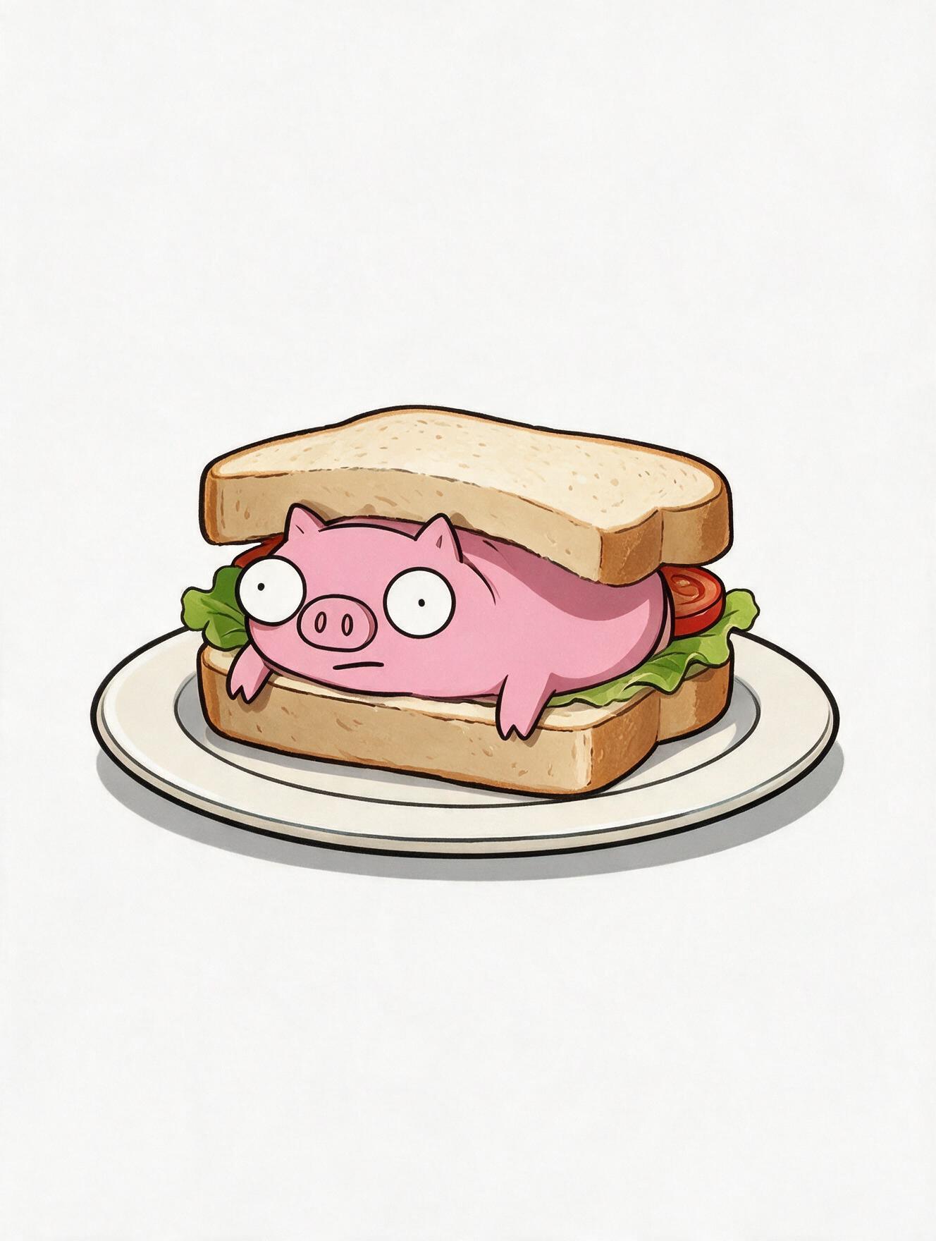 Ham lying between two slices of bread on a plate.