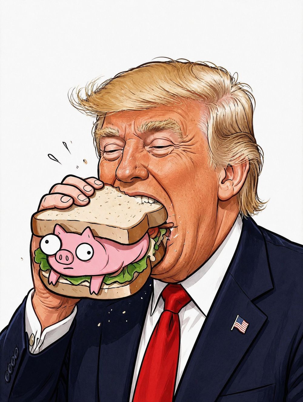 A man in a suit, eyes closed, biting into a ham sandwich with a wide-eyed pink pig peeking out between the bread.